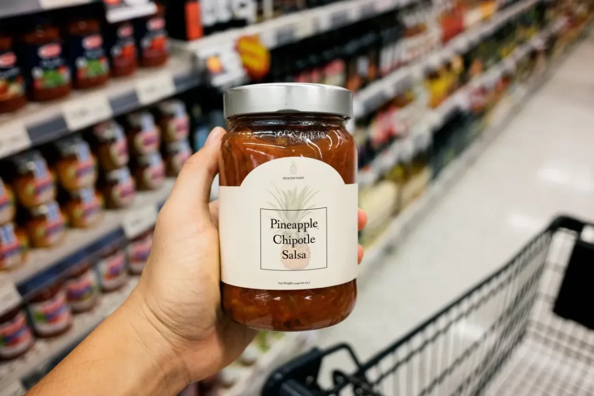 seseorang memegang botol pineapple chipot le salsa - mesin labelling