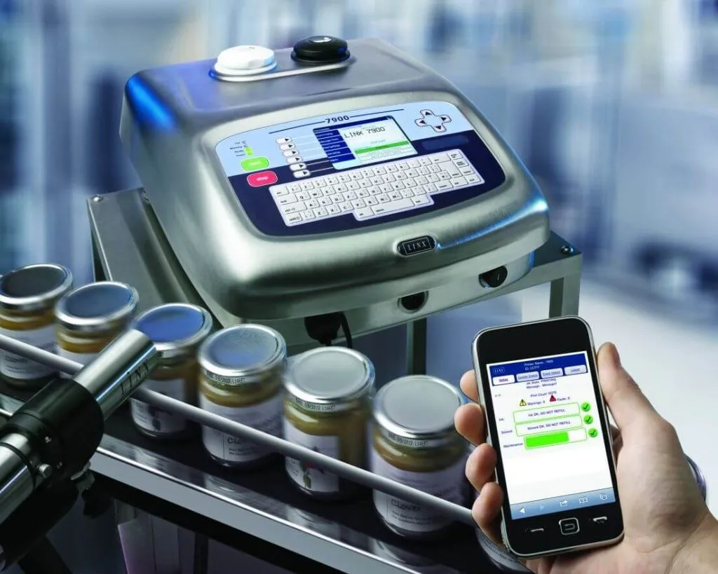 inkjet cloud system connected with phone to print code on glass jar